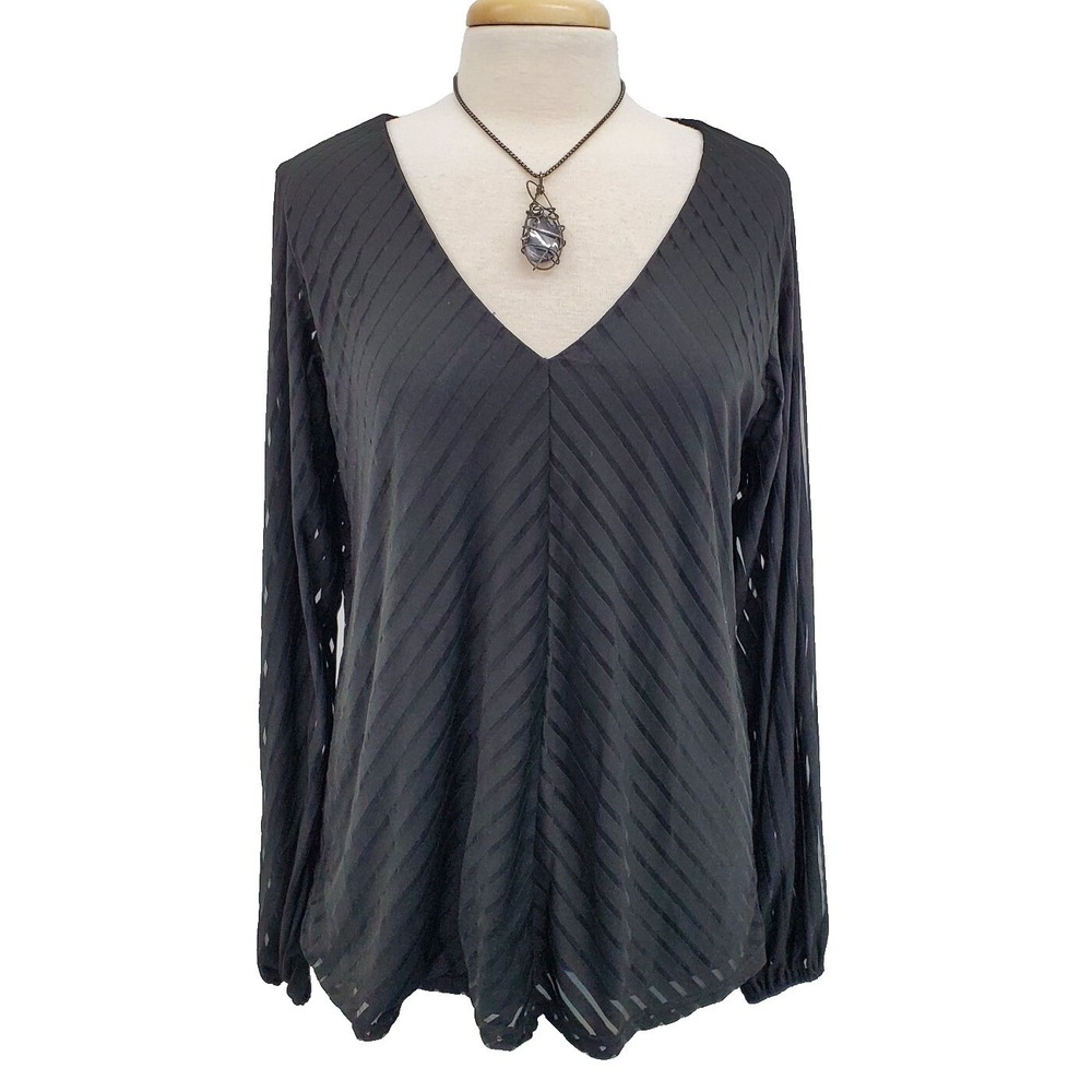 Daytrip Womens Black Long Sleeve Striped Mesh V-Neck Top Blouse Size XL Lined